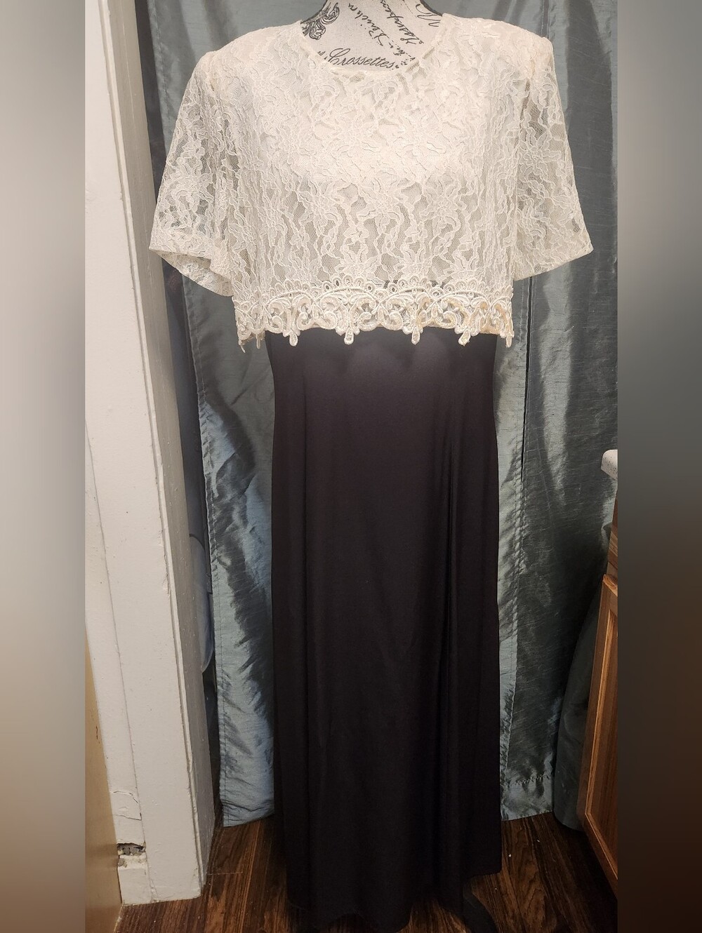 Vintage 90s Jeffrey & Dara Lace Top Maxi Dress Black Cream Gown Size 16